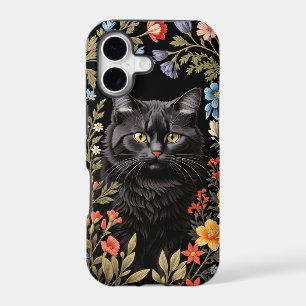 Chat Noir Élégant Fleurs Colorées