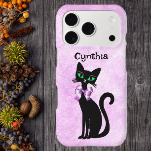Chat noir élégant Nœud papillon rose Yeux verts su