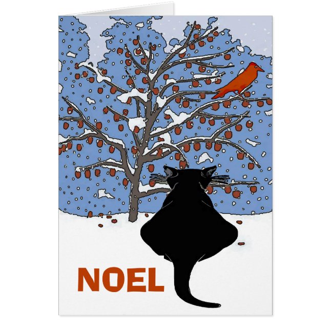 Chat noir en neige, Noel, Oiseau rouge (Devant)
