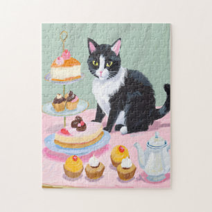 Chat noir et blanc, thé et pâtisseries Puzzle