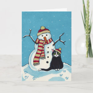 Chat noir et carte de Noël Snowman