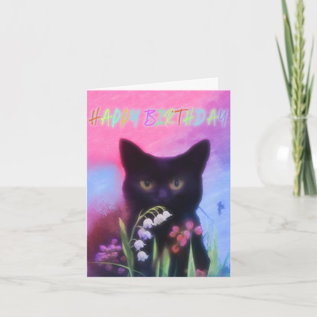 CHAT NOIR ET FLEURS CARTE D'ANNIVERSAIRE (Devant)