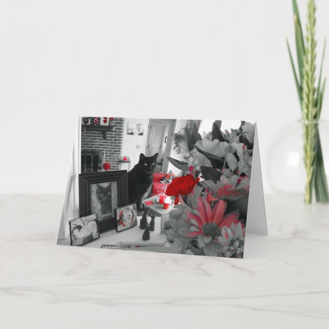 Chat noir et Fleurs rouges Carte de fête des mères (Devant)