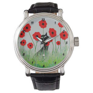 Chat noir et montre de pavots