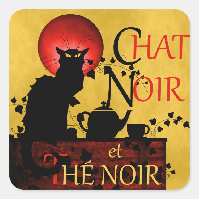 Chat Noir et Thé Noir, Black Cat Black Tea Square Sticker (Front)