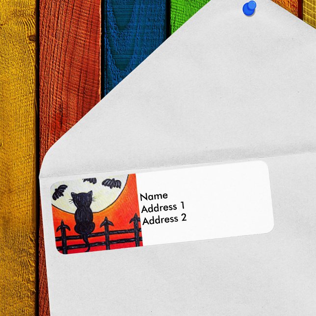 Chat noir Fence Lune chauve-souris (Black cat on fence watching bats in full moon on orange return address labels.)