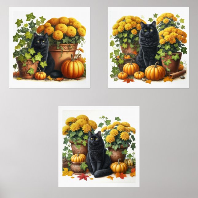 Chat Noir Fleurs de saison automnale Citrouilles  (Recto)