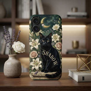 Chat noir floral antique botanique victorien Lune