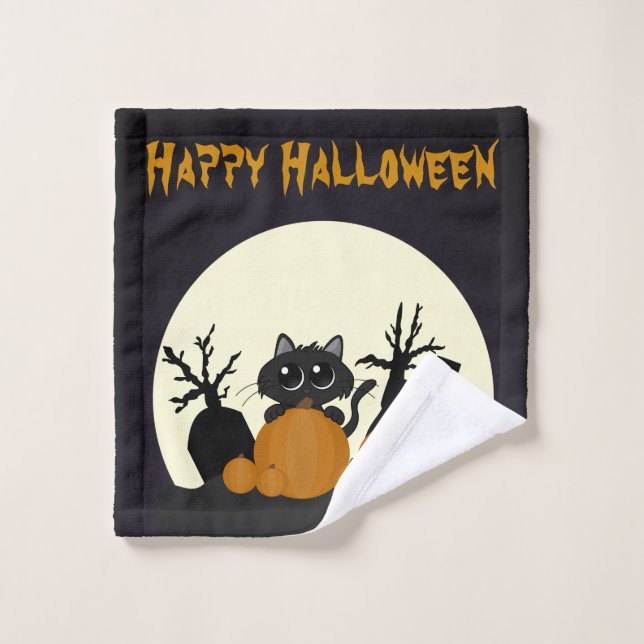 Chat noir Halloween avec Citrouilles dans un cimet (Gant de toilette)
