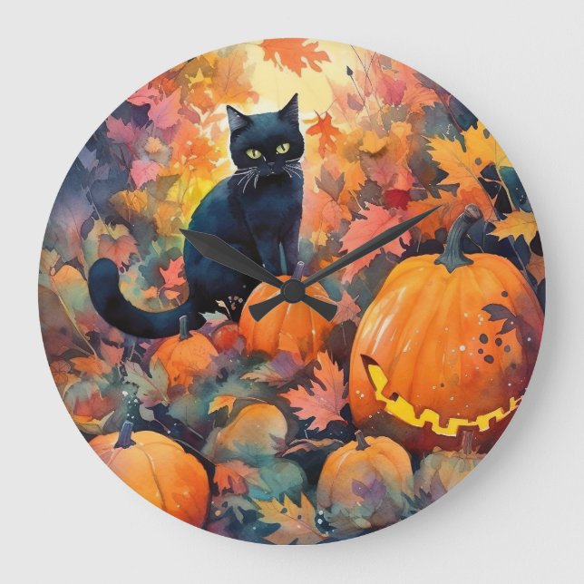Chat Noir Halloween avec horloge murale Citrouille (Recto)