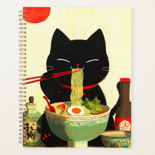 Chat noir heureux mangeant du Ramen   Ukiyo-e japo