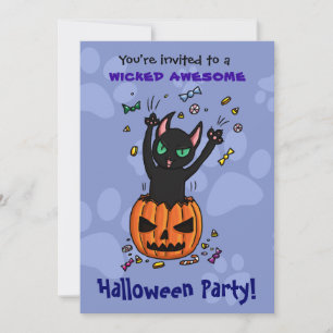 Chat noir invitation d'Halloween sautant de citrou