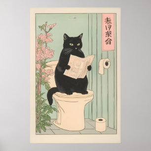Chat noir japonais sur impression de toilettes drô