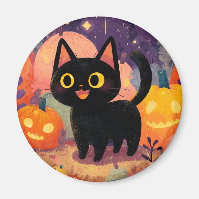 Chat noir mignon avec Jack-o-Lanterns - Aimant (Devant)