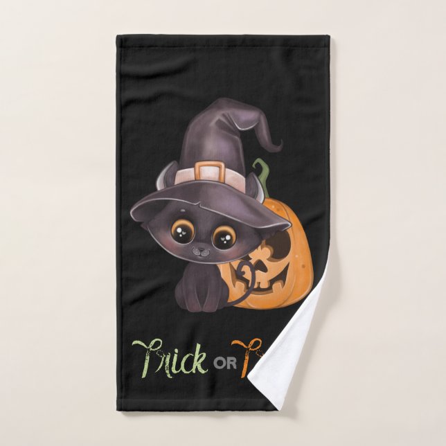 Chat noir mignon Joyeux Halloween sculpté citrouil (Serviette à main)