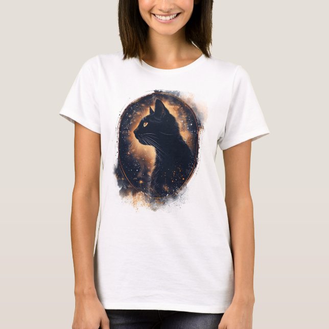 Chat noir mystique sous T-shirt clair de lune (Devant)