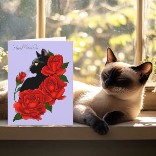 Chat noir Roses rouges violet Carte de fête des mè