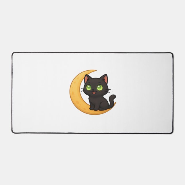 Chat noir souriant aux yeux verts brillants assis (Recto)