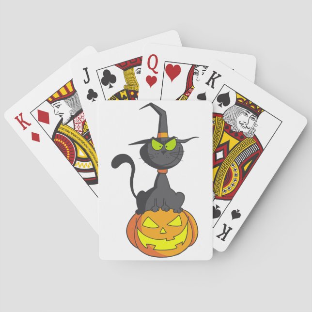 Chat noir sur des cartes de jeu de citrouille (dos)