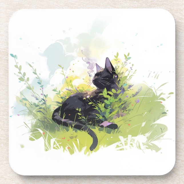 Chat noir sur Dessous de verre en plastique dur en (Devant)