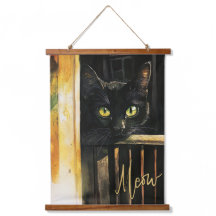 Chat noir sur Porch Bois Taché Tapisserie OEuvre m