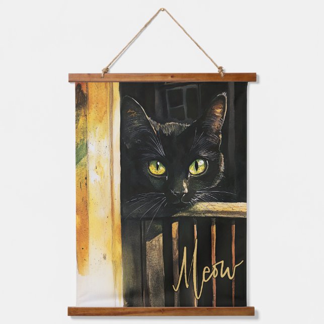 Chat noir sur Porch Bois Taché Tapisserie OEuvre m (Recto)