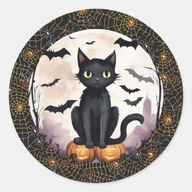 Chat noir sur Sticker Citrouille et chauves-souris (Devant)