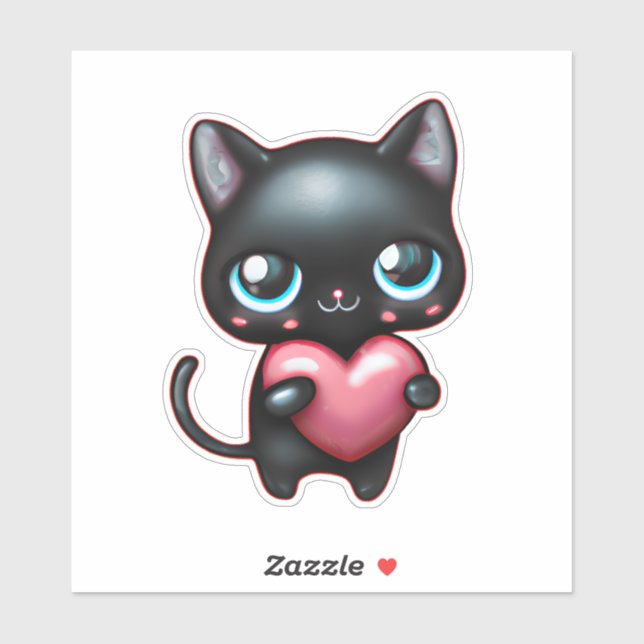 Chat noir tenant un autocollant vinyle coeur (Feuille)