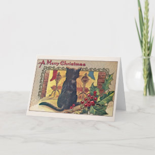 Chat noir vintage au foyer Carte de Noël