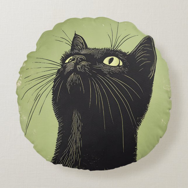 Chat noir Vintage Lino imprimé Coussin rond (Devant)