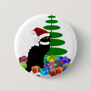 Chat Noir With Christmas Tree and Gifts 2 Inch Round Button