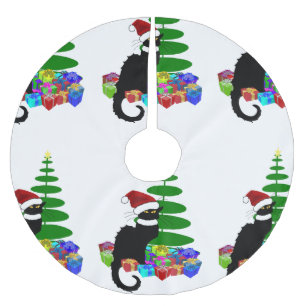 Chat Noir With Christmas Tree and Gifts Brushed Polyester Tree Skirt