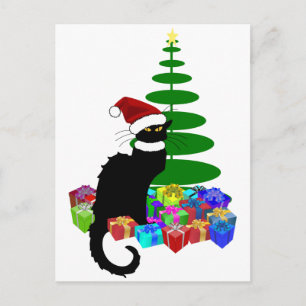 Chat Noir With Christmas Tree and Gifts Holiday Postcard