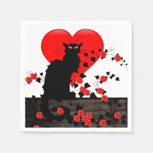 Chat Noir with Red Roses Napkin