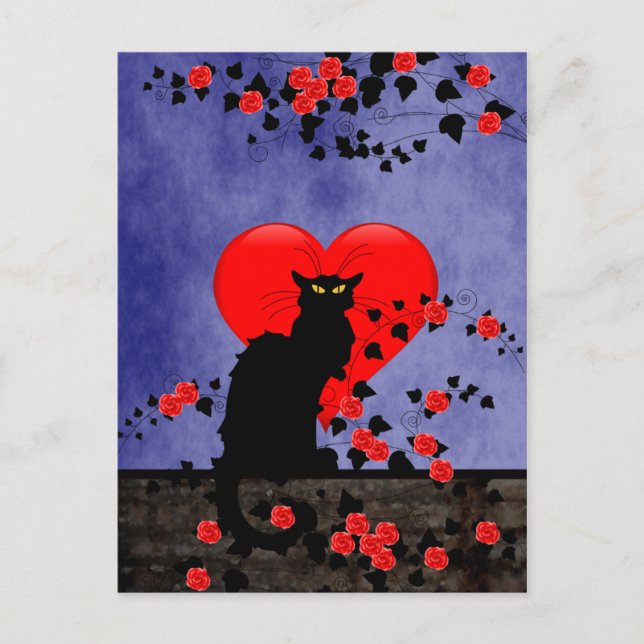 Chat Noir with Red Roses Postcard (Front)