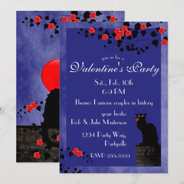 Chat Noir with Red Roses Valentine's Day Invitation (Front/Back)
