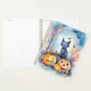 Chat Oriental Bleu Halloween avec des citrouilles 