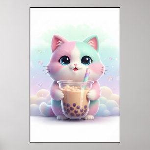 Chat pastel avec affiche d'art de bubble tea