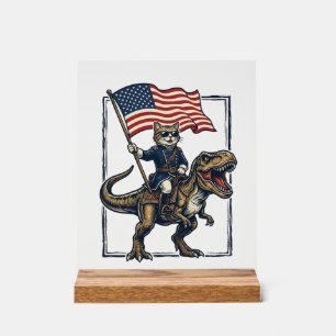 Chat Patriotique à Cheval sur un Dinosaure Concept