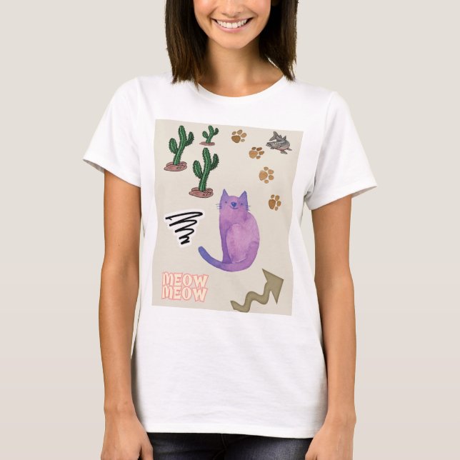 Chat Poisson Cactus Meow Paws T-Shirt (Devant)