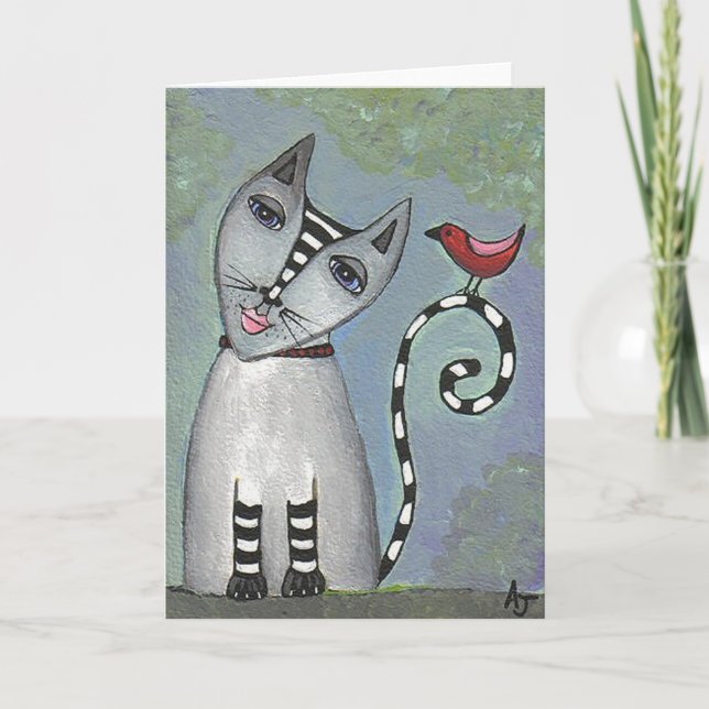 Chat rayé et oiseau rouge - carte de voeux (Devant)