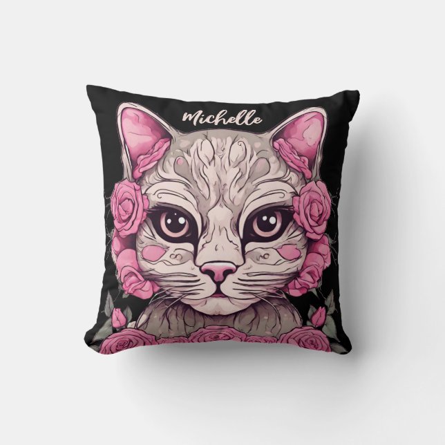 Chat rose avec fleurs décoratives Coussin de décor (Recto)