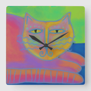 Chat Rose Chaud Abstrait Art Carré Horloge murale