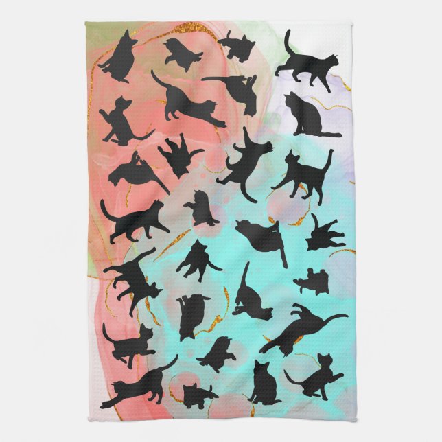 Chat Silhouette Cuisine Serviette à encre fleurie  (Vertical)