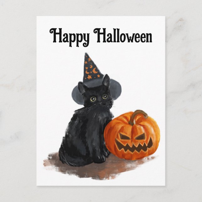 Chat Sorcière Avec Carte Postale Citrouille (Devant)