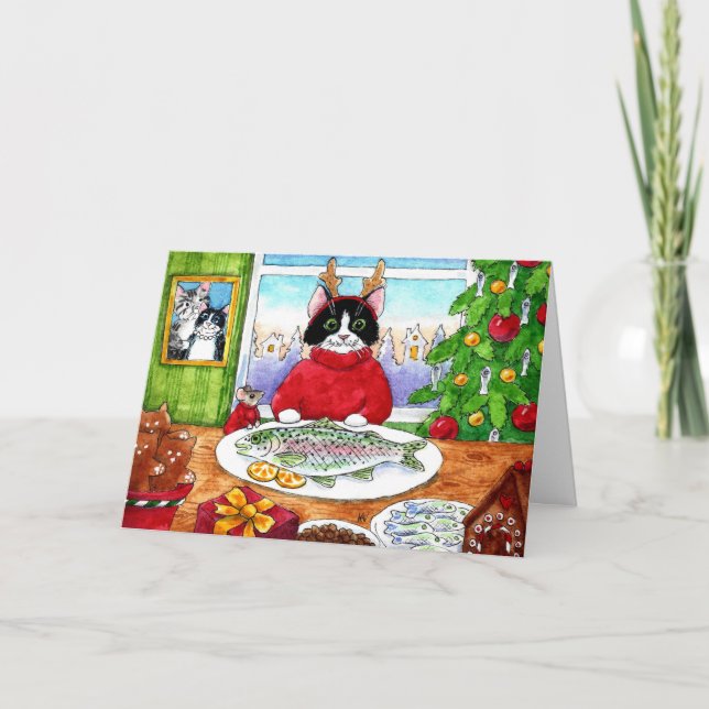 Chat, souris, poisson Noël Carte de vacances (Devant)
