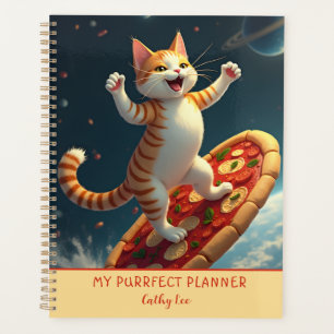 Chat spatial surfant sur une pizza