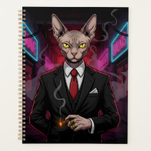 Chat Sphynx Mafia dans un style néon noir