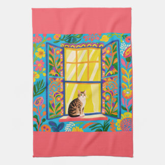 Chat tigré à la fenêtre ensoleillée T Serviette | 