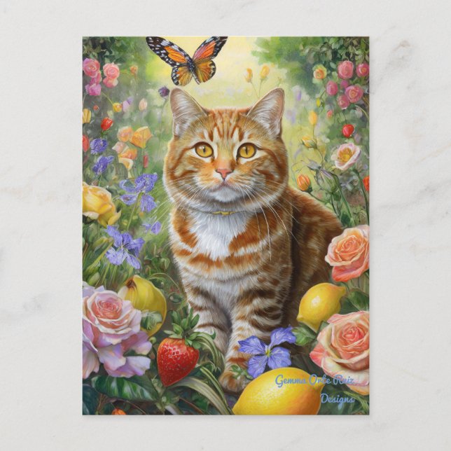 Chat tigré avec fleurs carte postale (Devant)